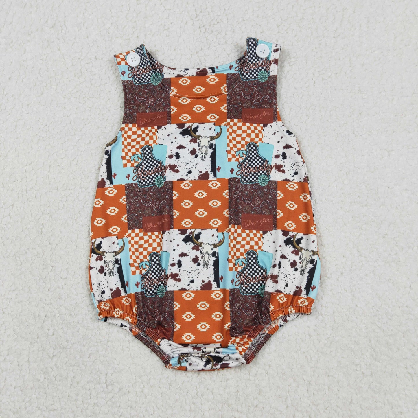 Sibling Baby Boys Sleeveless Aztec Bull Skulls Checked Pockets Shorts Western Set Rompers