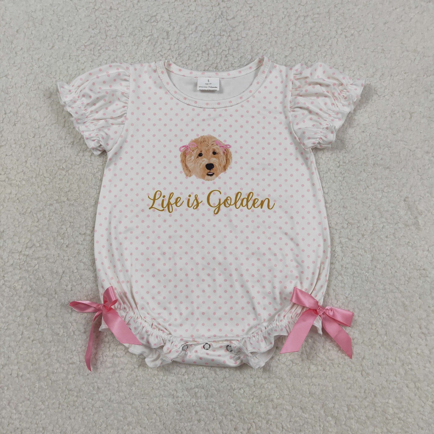 SR3779 Baby Girls Short Sleeve Pink Polka Dots Dogs Life is Golden Ruffle Rompers