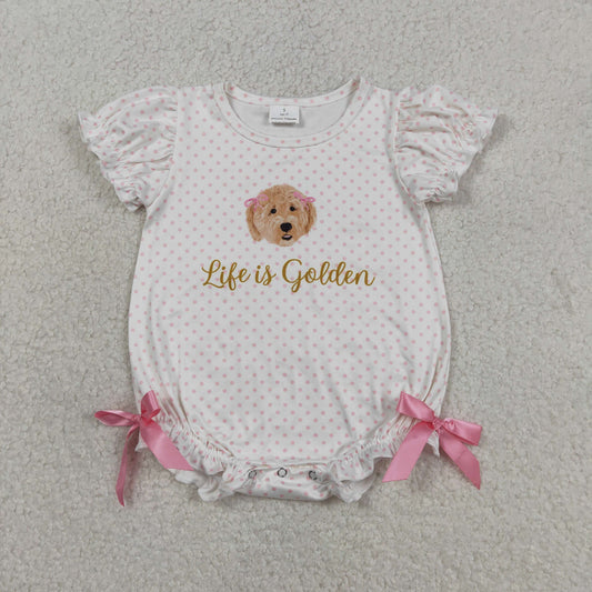 SR3779 Baby Girls Short Sleeve Pink Polka Dots Dogs Life is Golden Ruffle Rompers