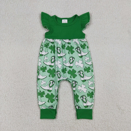 SR3783 Baby Girls Green Flutter Sleeve Clovers Boots St Patrick Rompers