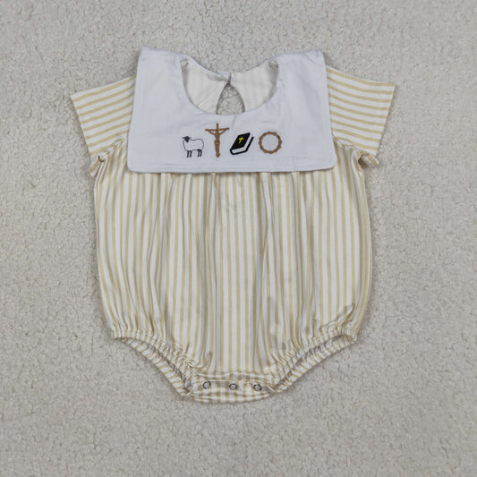 SR3802 Baby Boys Embroidery Cross Sheep Yellow Stripe Rompers