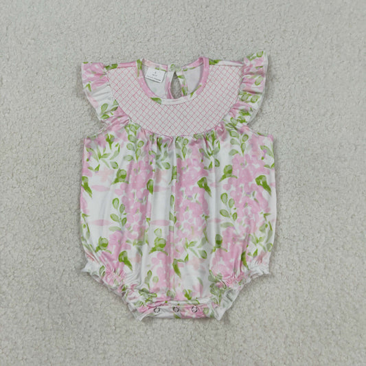 SR3805 Smocked Checked Baby Girls Colorful Flowers Ruffle Rompers