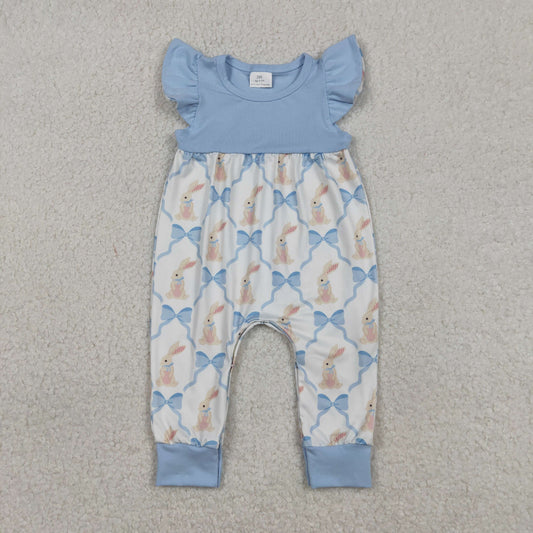 SR3806 Baby Girls Blue Flutter Sleeve Bows Rabbits Checked Easter Rompers