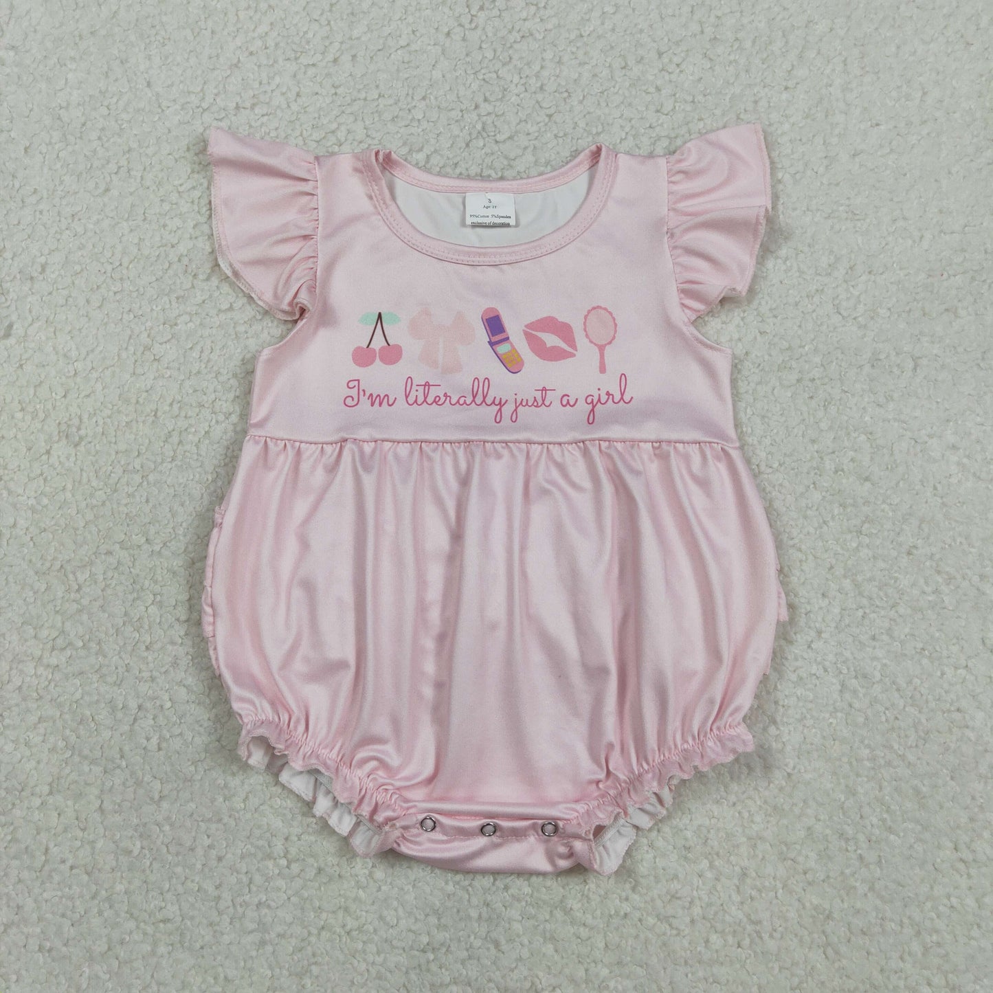 SR3825 Baby Pink Flutter Sleeve I'm Just a Girl Bubble Ruffle Romper