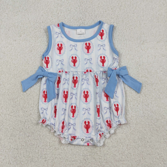 SR3828 Baby Girls Sleeveless Blue Stripe Bows Crayfishes Ruffle Rompers