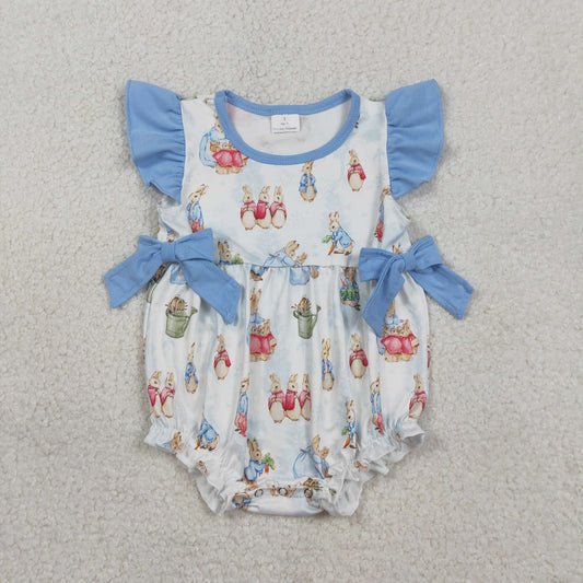 SR3833 Baby Girls Flutter Sleeve Rabbits Eggs Easter Ruffle Rompers
