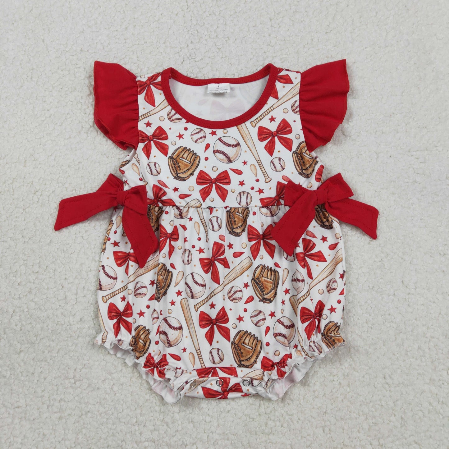SR3834 Baby Girls Flutter Sleeve Bows Baseballs Team Ruffle Rompers