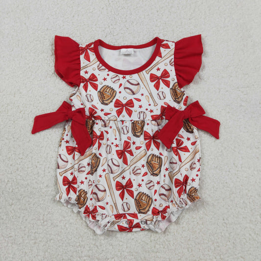 SR3834 Baby Girls Flutter Sleeve Bows Baseballs Team Ruffle Rompers