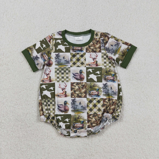 SR3837 Baby Boys Short Sleeve Ducks Deer Checked Hunting Rompers