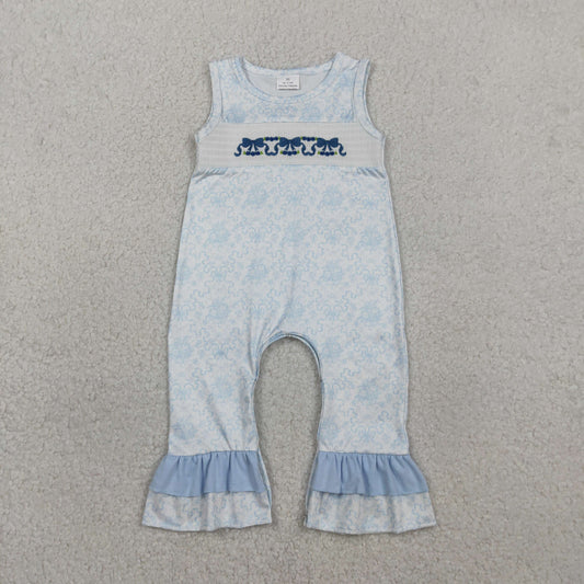 SR3843 Smocked Bows Baby Girls Flowers Checked Ruffle Pant Rompers