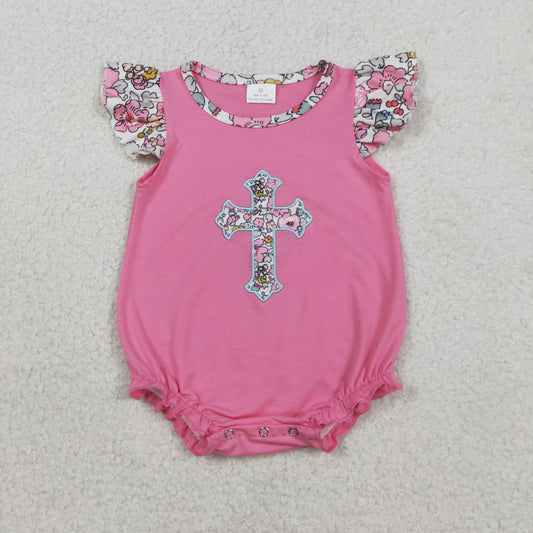 SR3845 Baby Girls Flutter Sleeve Embroidery Floral Cross Easter Ruffle Rompers