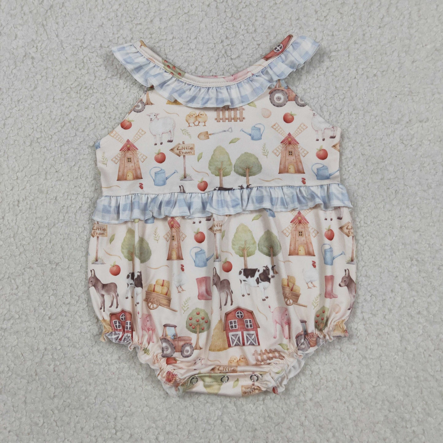 Sibling Baby Girls Pigs Cows Tunic Checked Ruffle Short Farm Clothes Set Rompers