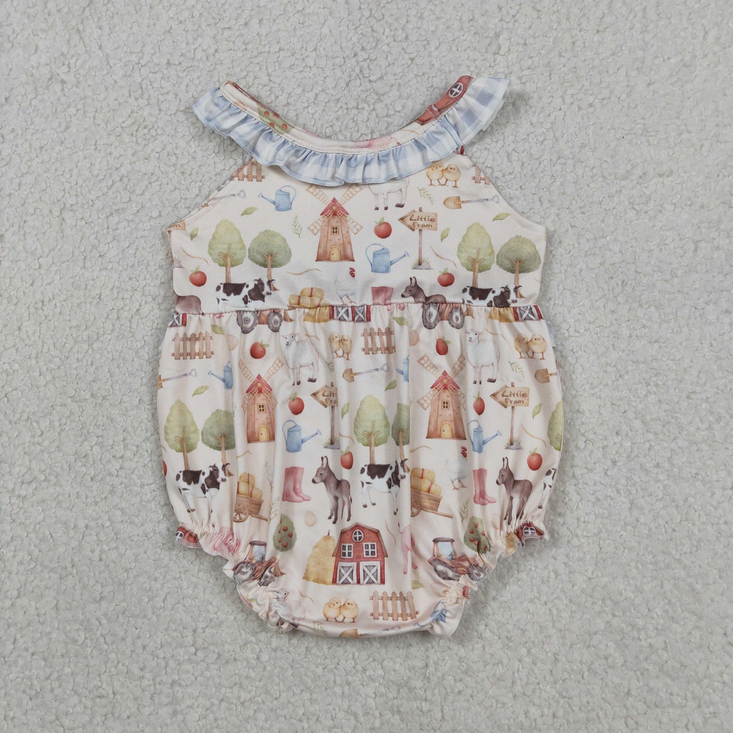 Sibling Baby Girls Pigs Cows Tunic Checked Ruffle Short Farm Clothes Set Rompers