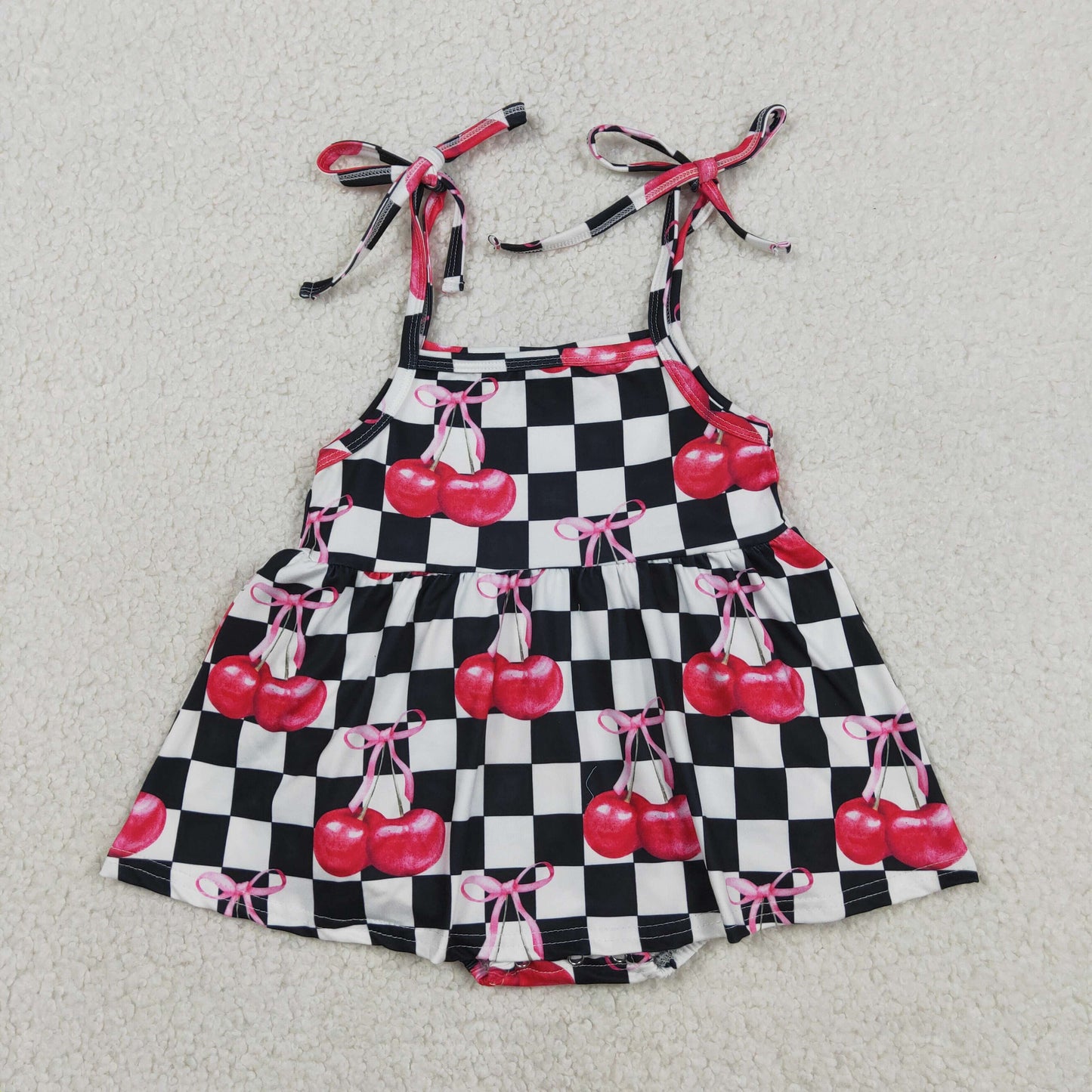 Sibling Baby Girls Black Checked Cherry Tunic Short Clothes Set Strap Bummies Rompers