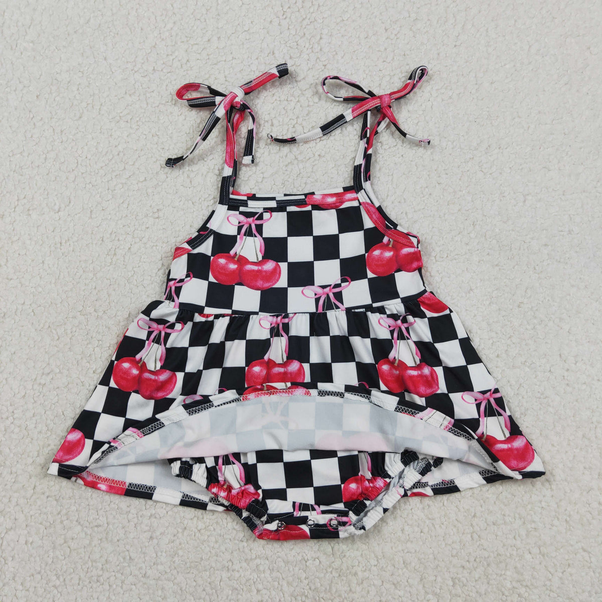 SR3854 Baby Girls Strap Black Checked Bows Cherry Tunic Ruffle Bummies Rompers
