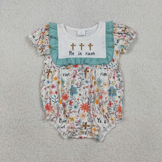 SR3861 Baby Girls Short Sleeve He is Risen Crosses Flowers Easter Ruffle Rompers