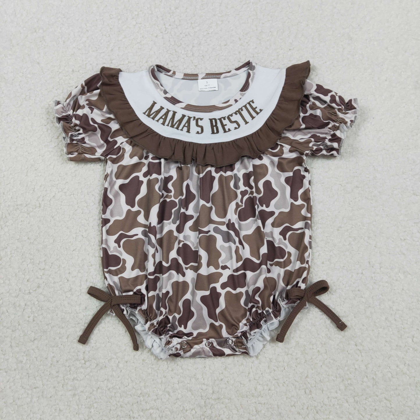 SR3888 Baby Girls Southern Brown Camo Emabroidery Mama's Bestie Ruffle Rompers