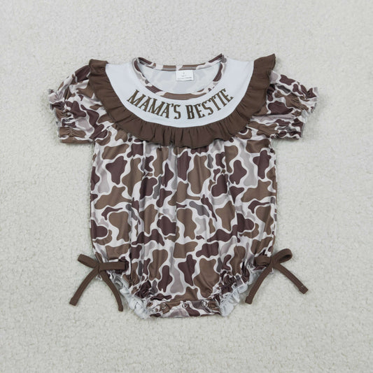 SR3888 Baby Girls Southern Brown Camo Emabroidery Mama's Bestie Ruffle Rompers