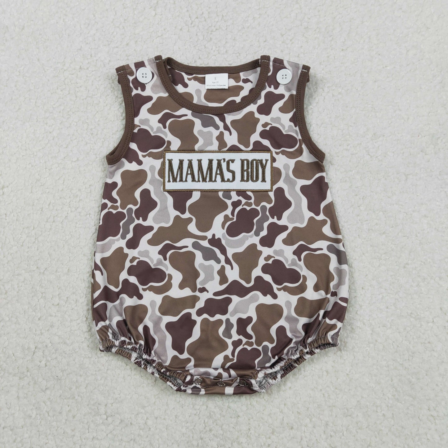 SR3889 Baby Boys Sleeveless Embroidery Mama's Boy Southern Camo Rompers