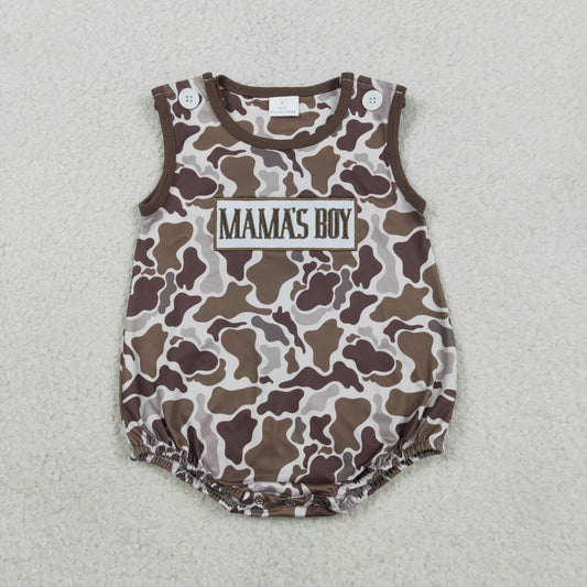 SR3889 Baby Boys Sleeveless Embroidery Mama's Boy Southern Camo Rompers