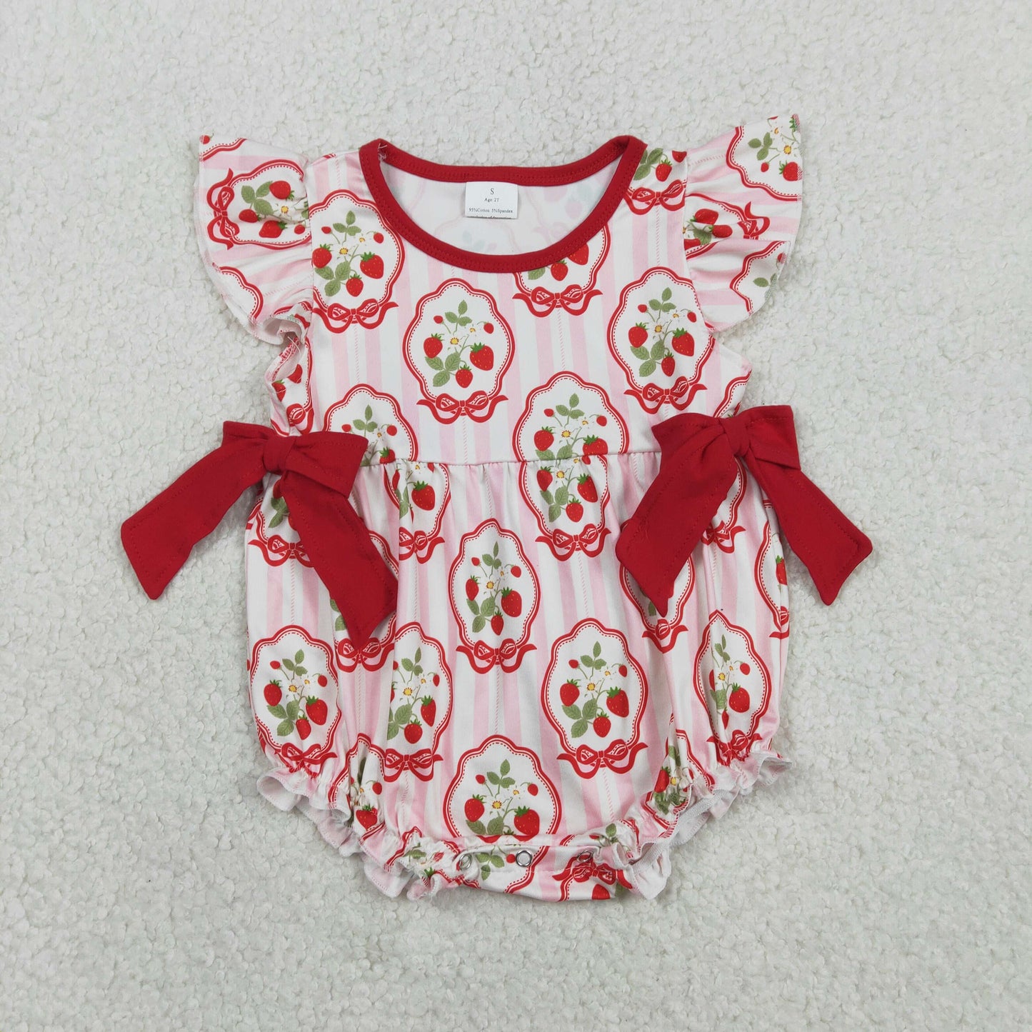 SR3890 Baby Girls Flutter Sleeve Red Stripe Strawberry Ruffle Rompers