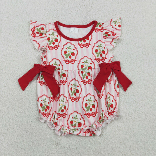 SR3890 Baby Girls Flutter Sleeve Red Stripe Strawberry Ruffle Rompers