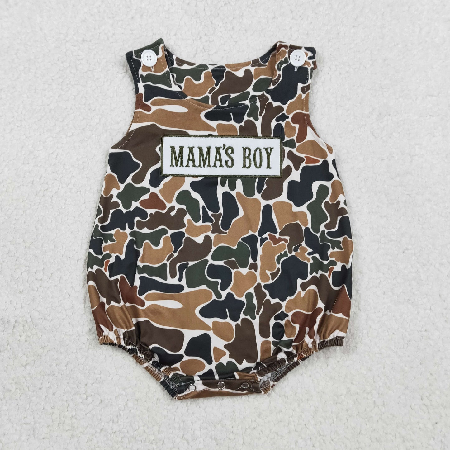 SR3908 Baby Boys SLeeveless Embroidery Mama's Boy Brown Camo Rompers