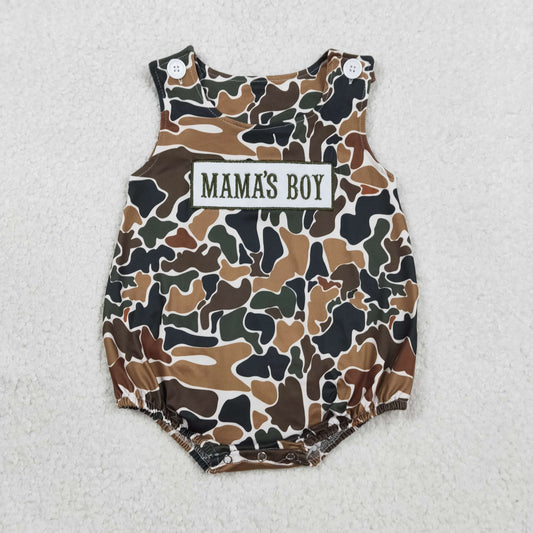 SR3908 Baby Boys SLeeveless Embroidery Mama's Boy Brown Camo Rompers