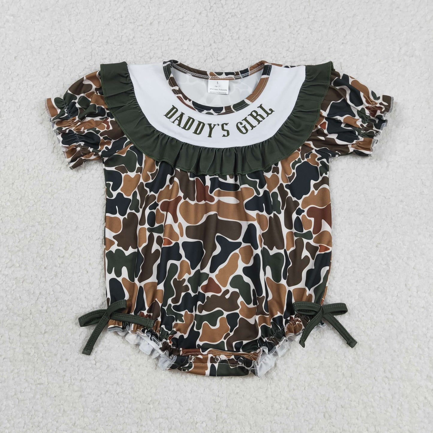 SR3916 Embroidery Daddy's Girls Southern Dark Brown Camo Ruffle Rompers