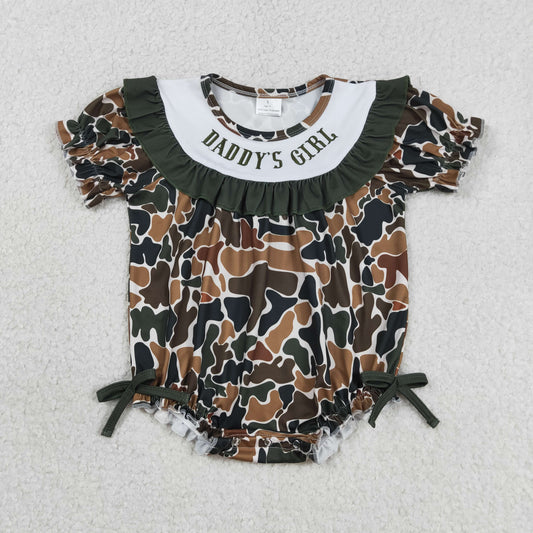 SR3916 Embroidery Daddy's Girls Southern Dark Brown Camo Ruffle Rompers