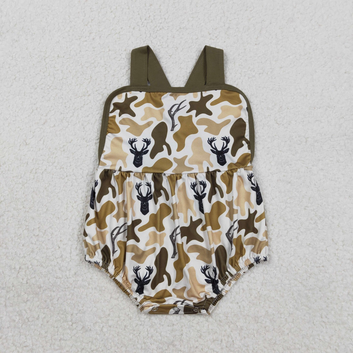 SR3924 Baby Boys Strap Southern Khaki Deer Camo Hunting Rompers