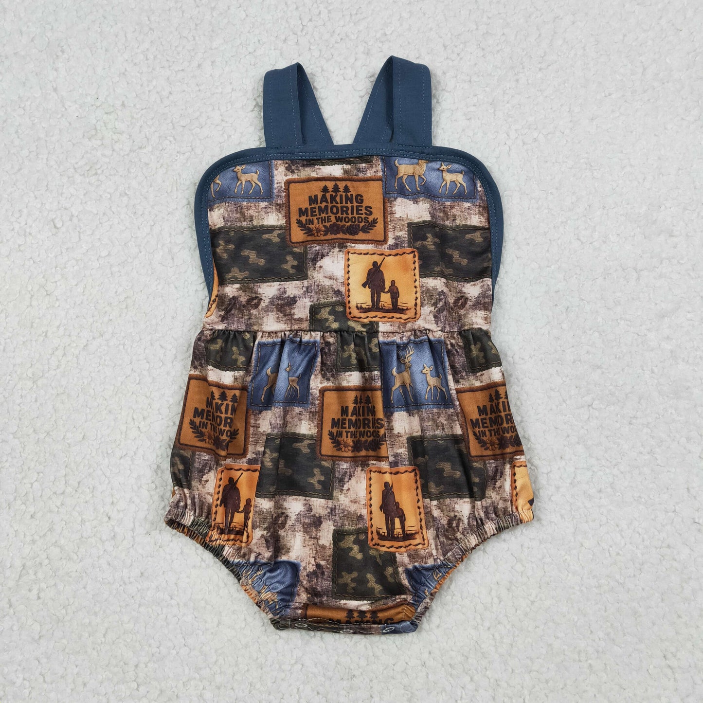 Sibling Baby Boys Deer Camo Checked Top Pockets Short Hunting Clothes Set Rompers