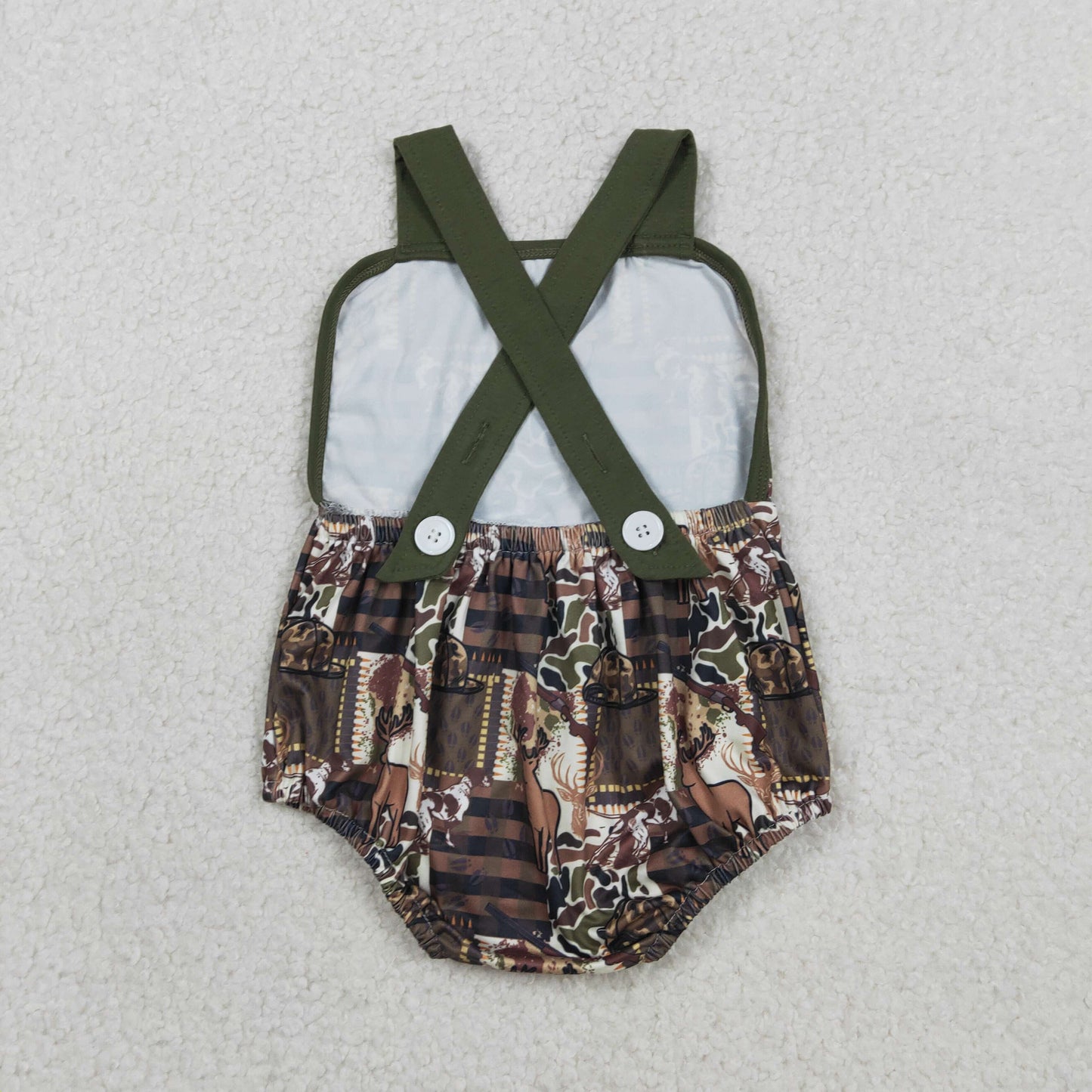 SR3927 Baby Boys Strap Southern Camo Deer Checked Hunting Romper