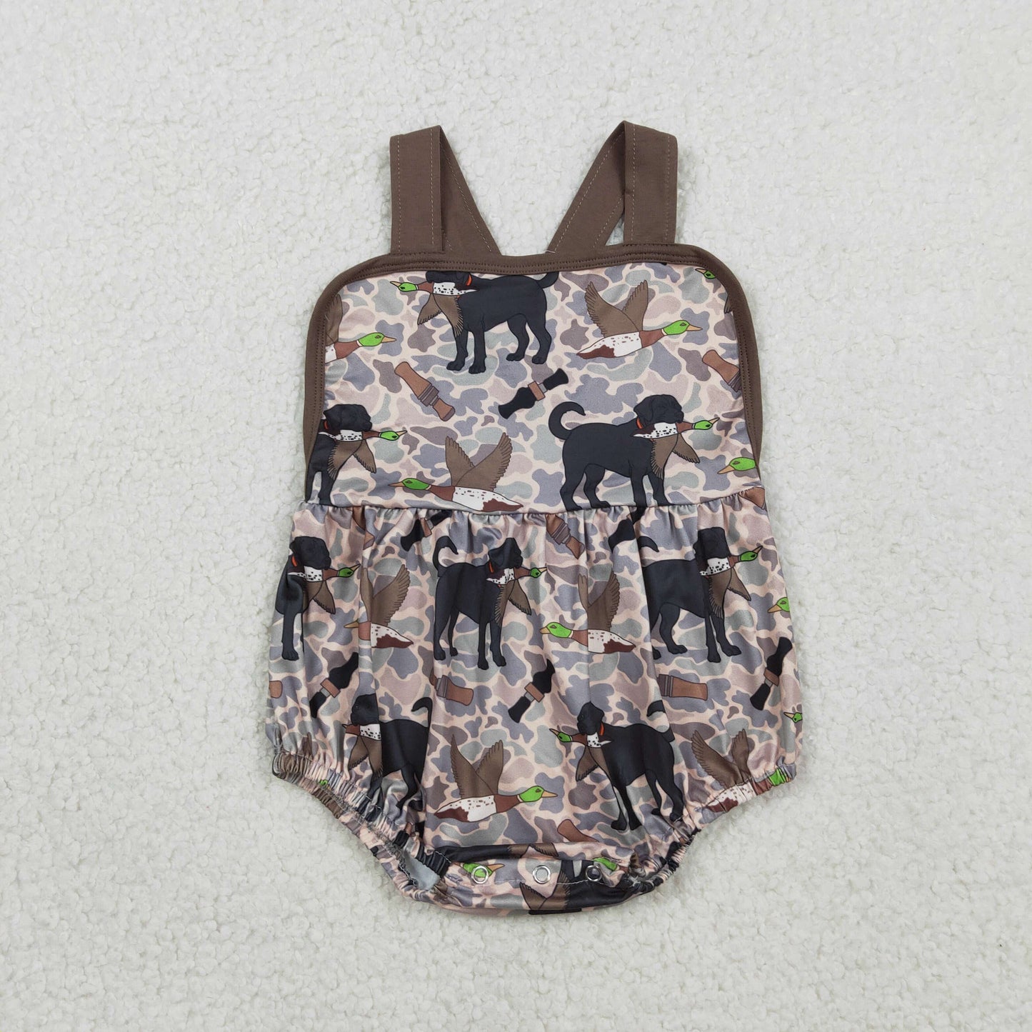 SR3928 Baby Boys Strap Brown Camo Dog Ducks Hunting Romper