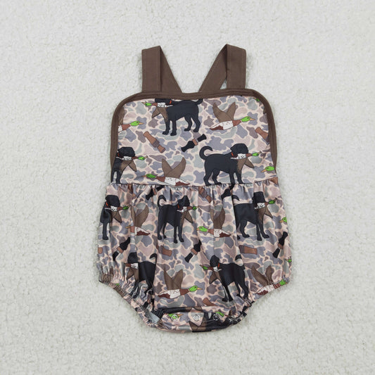 SR3928 Baby Boys Strap Brown Camo Dog Ducks Hunting Romper