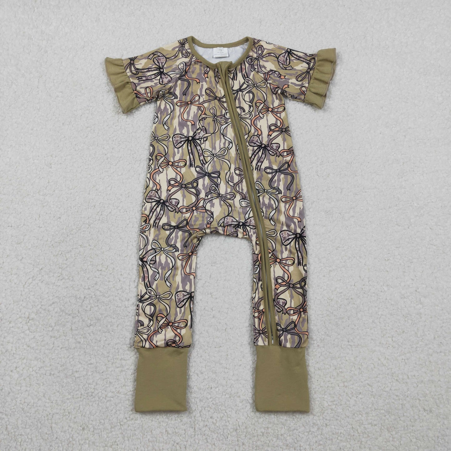 SR3931 Baby Girls Short Ruffle Sleeve OIive Camo Bows Two Way Zip Convertible Rompers