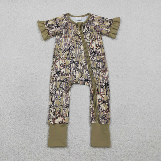 SR3931 Baby Girls Short Ruffle Sleeve OIive Camo Bows Two Way Zip Convertible Rompers