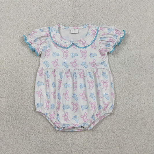 SR3938 Baby Girls Short Ruffle Sleeve Bows Rabbits Easter Collar Rompers