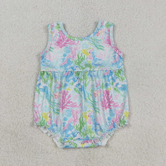 SR3991 Baby Girls Sleeveless Watercolor Sea Plants Ruffle Rompers