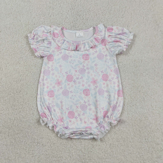 SR4023 Baby Girls Short Sleeve Colorful Flowers Ruffle Romper