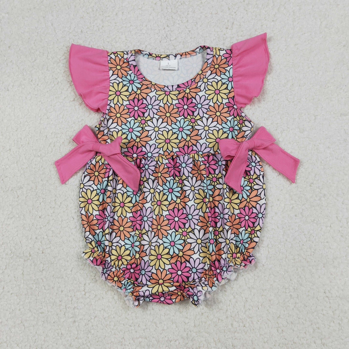 Sibling Baby Girls Daisy Flowers Flutter Sleeve Back Bow Tunic Ruffle Short Clothes Set Rompers