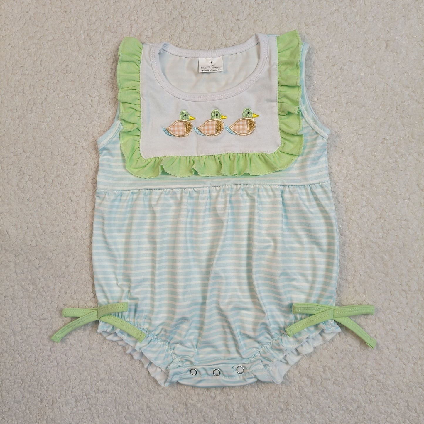 Sibling Baby Kids Embroidery Ducks Top Stripe Short Hunting Clothes Set Rompers
