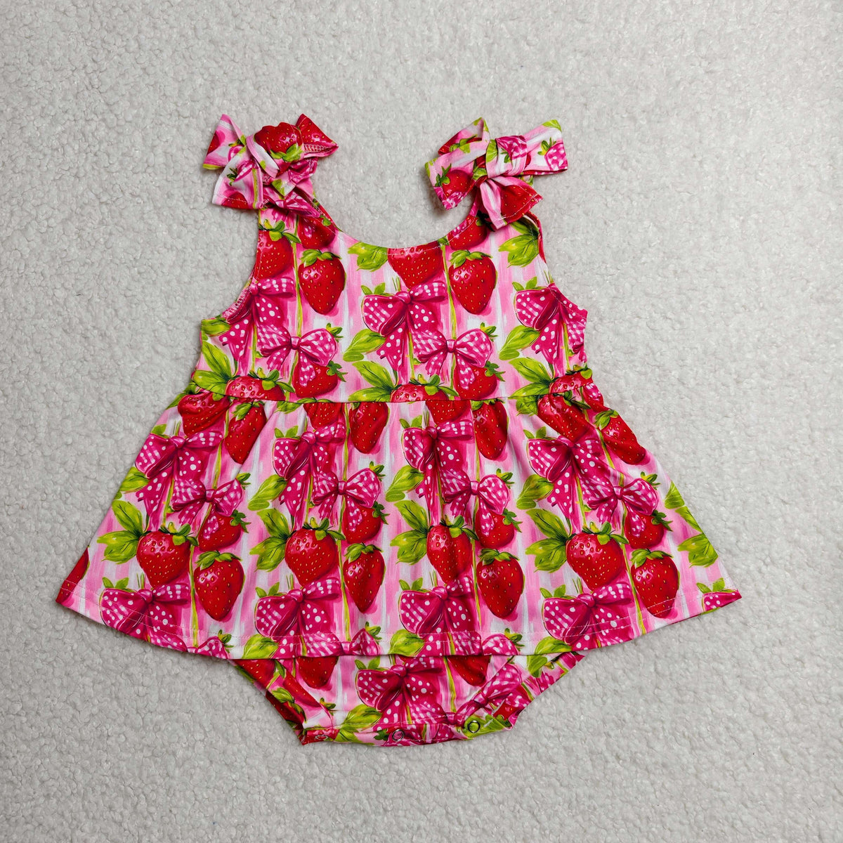 SR4134 Baby Girls Strap Bows Strawberry Tunic Ruffle Bummies Rompers