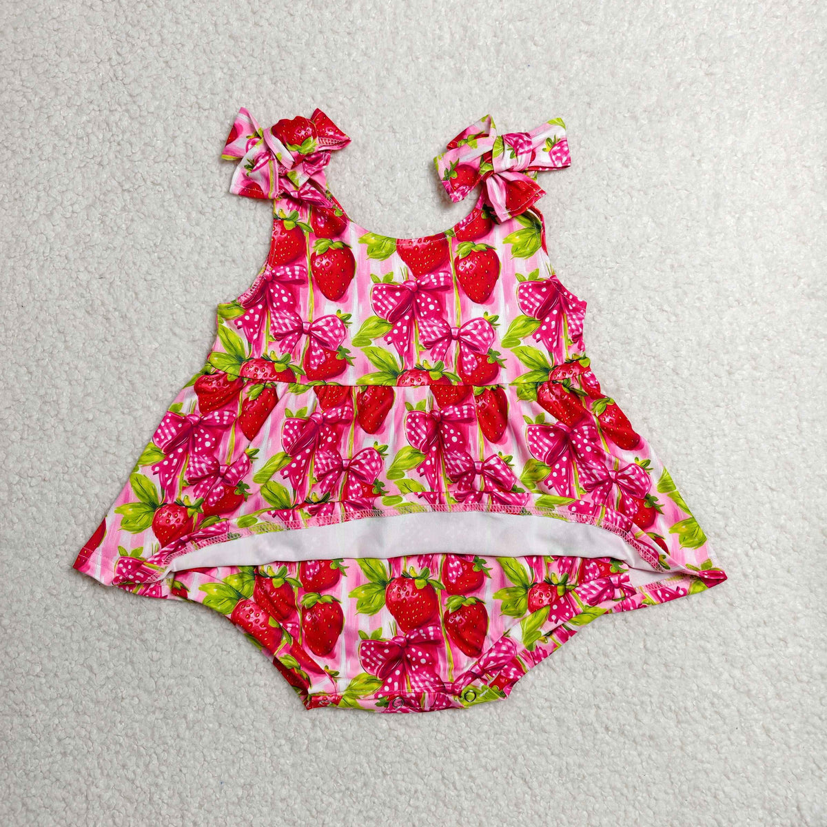 SR4134 Baby Girls Strap Bows Strawberry Tunic Ruffle Bummies Rompers