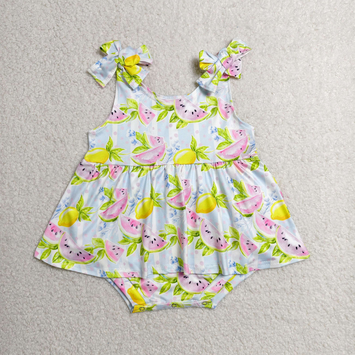 SR4135 Baby Girls Strap Bows Lemons Watermelons Tunic Ruffle Bummies Rompers
