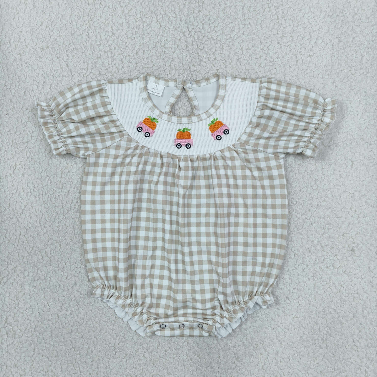 Sibling Baby Girls Smocked Pumpkin Trucks Khaki Checked Dress Rompers