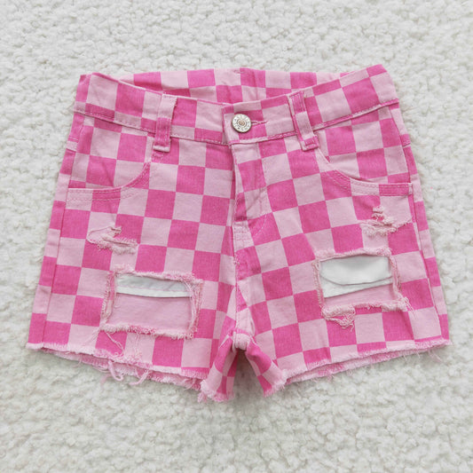 girls pink plaid denim shorts SS0092