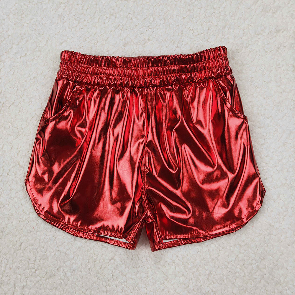 8 Colors Sibling Baby Girls Pockets Leather Metallic Elastic Bottom Shorts