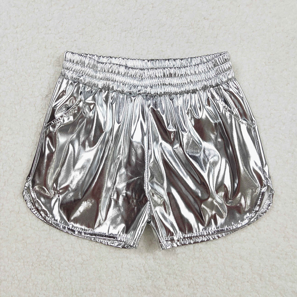 8 Colors Sibling Baby Girls Pockets Leather Metallic Elastic Bottom Shorts