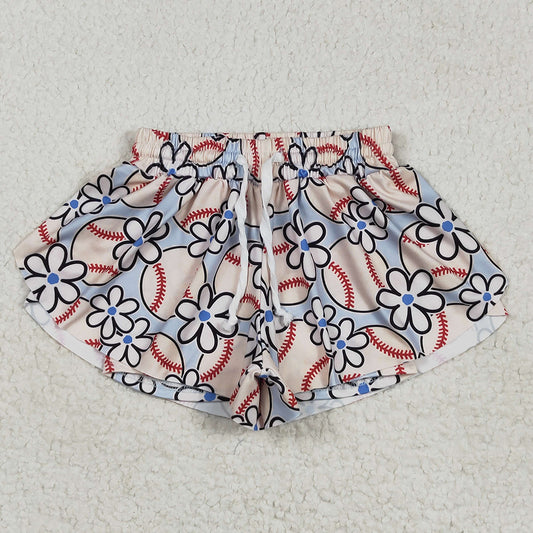 SS0581 Baby Girls Baseball Flowers Waistband Ruffle Shorts